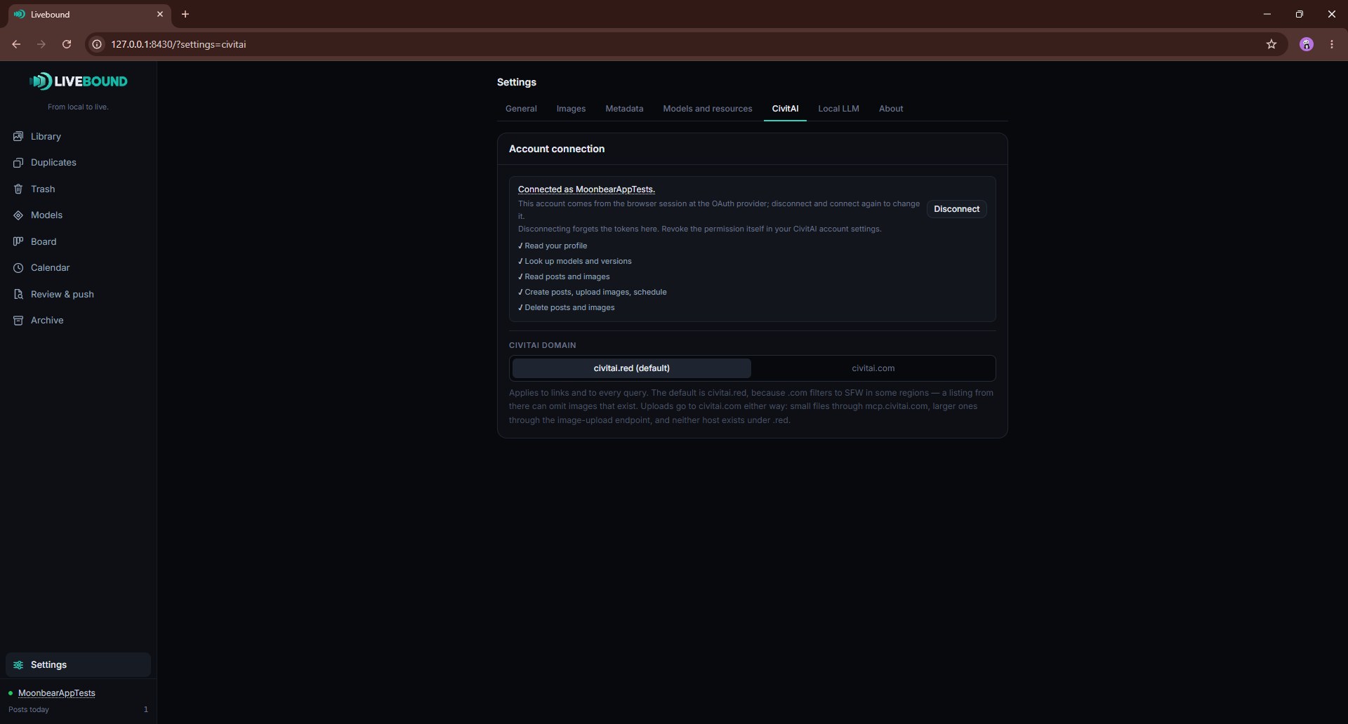 CivitAI — the connection, the five permissions it was given, and where links, site API calls and MCP calls go.