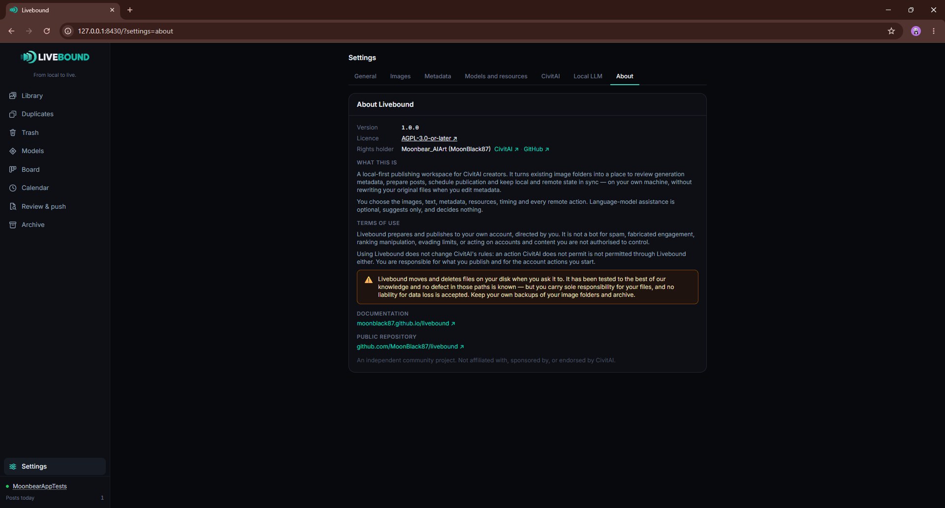 About — the version, the licence, what this is and what it is not: an independent project, not affiliated with CivitAI.